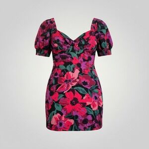 Reitmans Floral Mini Dress Women Large Pink Linen Puff Sleeve Romantic Cottage